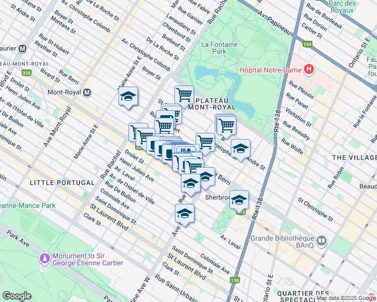 map of restaurants, bars, coffee shops, grocery stores, and more near 3911 Rue Berri in Montréal