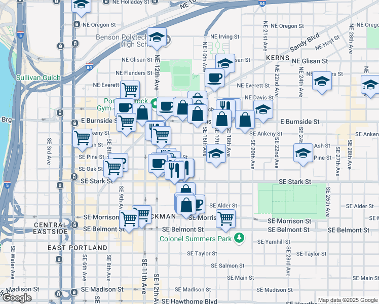 map of restaurants, bars, coffee shops, grocery stores, and more near 221 Southeast 15th Avenue in Portland