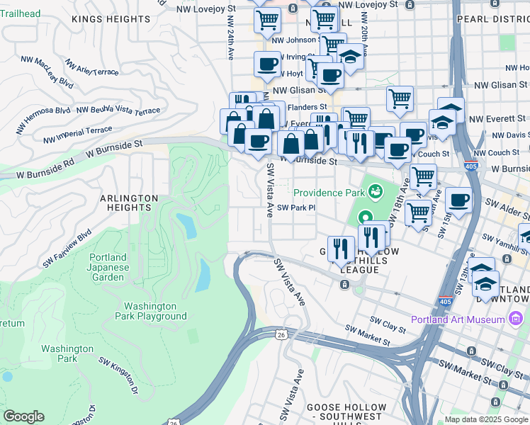 map of restaurants, bars, coffee shops, grocery stores, and more near 1107 Southwest Vista Avenue in Portland