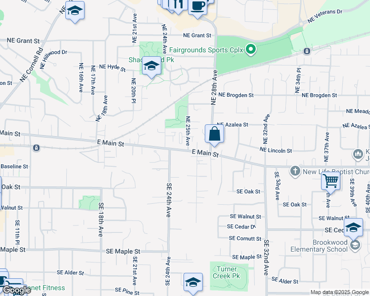 map of restaurants, bars, coffee shops, grocery stores, and more near 2466 East Main Street in Hillsboro