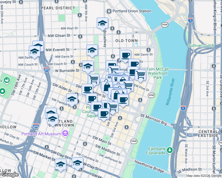 map of restaurants, bars, coffee shops, grocery stores, and more near 333 Southwest 5th Avenue in Portland