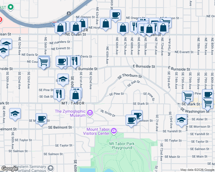 map of restaurants, bars, coffee shops, grocery stores, and more near 6505 Southeast Thorburn Street in Portland