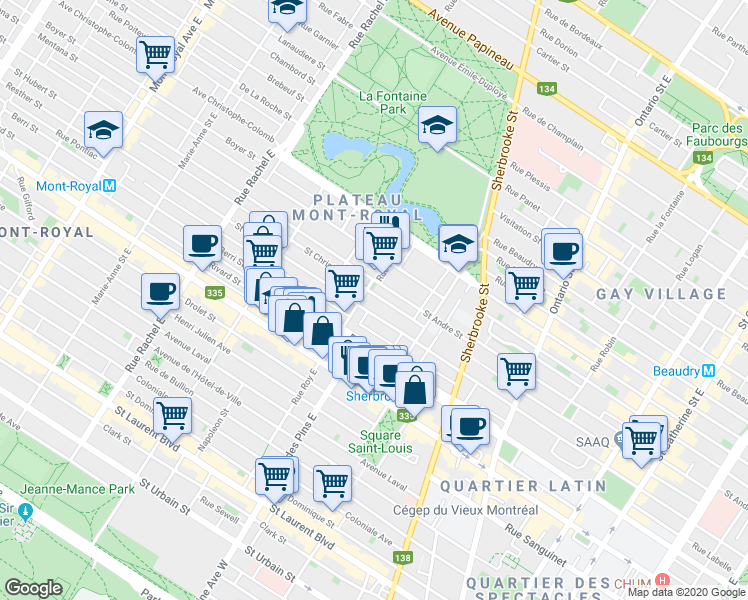 map of restaurants, bars, coffee shops, grocery stores, and more near 3768 Rue Saint-Christophe in Montréal