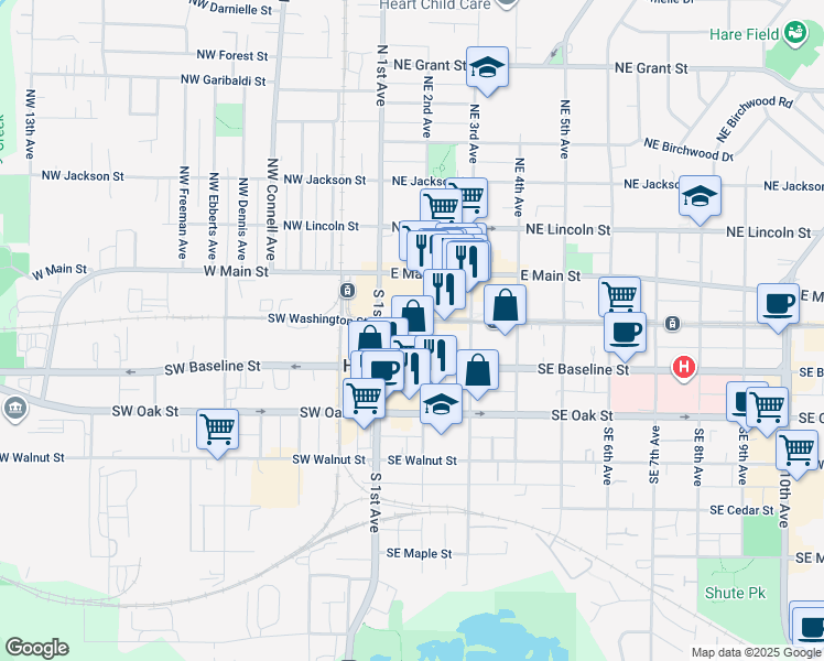 map of restaurants, bars, coffee shops, grocery stores, and more near 160 Southeast Washington Street in Hillsboro