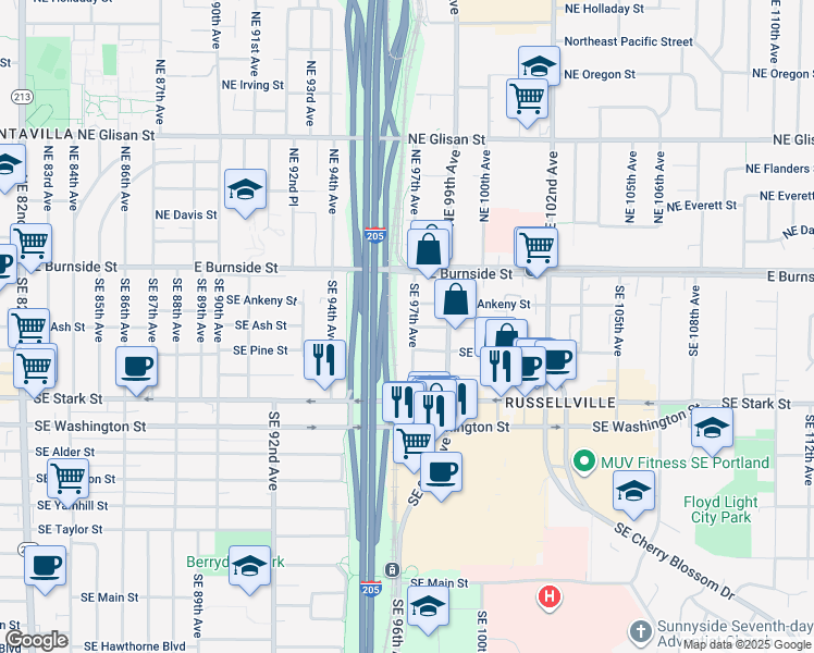 map of restaurants, bars, coffee shops, grocery stores, and more near 9705 Southeast Pine Street in Portland