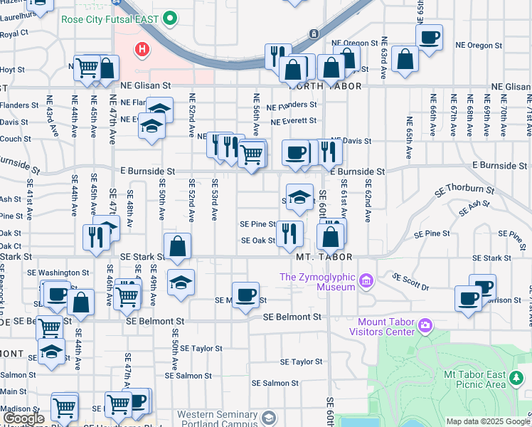 map of restaurants, bars, coffee shops, grocery stores, and more near 5618 Southeast Pine Street in Portland