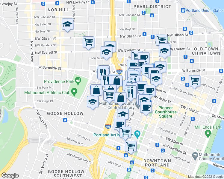 map of restaurants, bars, coffee shops, grocery stores, and more near in Portland