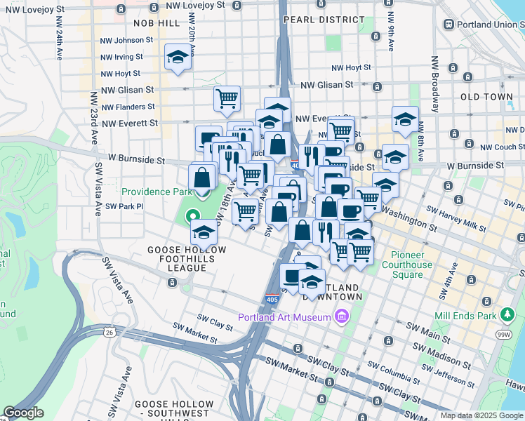 map of restaurants, bars, coffee shops, grocery stores, and more near 815 Southwest 15th Avenue in Portland