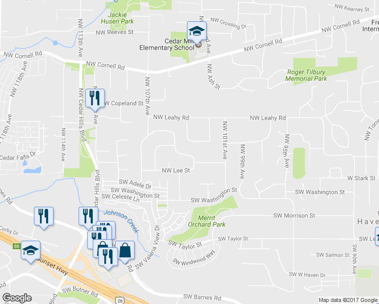 map of restaurants, bars, coffee shops, grocery stores, and more near 10400 Northwest Lee Street in Portland