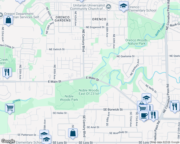 map of restaurants, bars, coffee shops, grocery stores, and more near 109 Northeast Stonebriar Lane in Hillsboro
