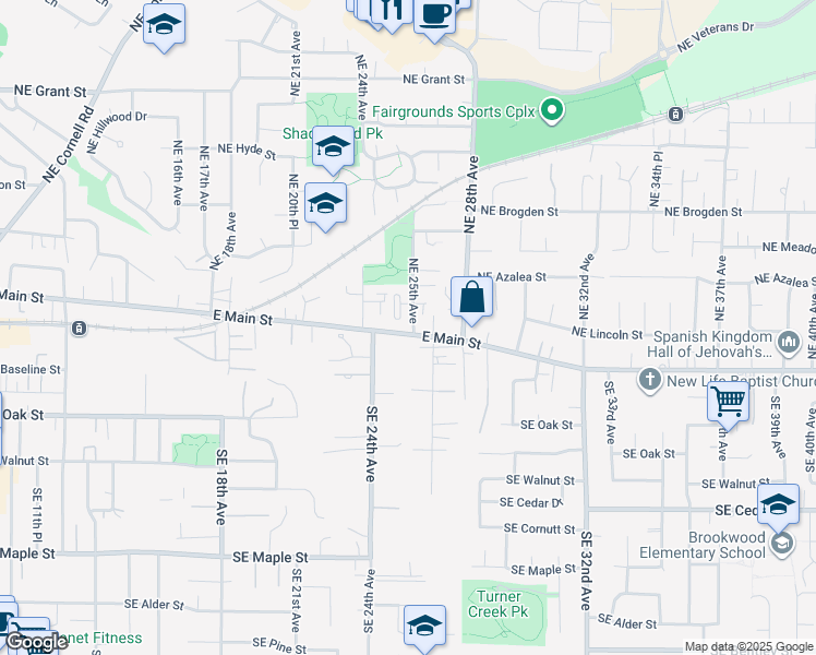 map of restaurants, bars, coffee shops, grocery stores, and more near 2466 East Main Street in Hillsboro
