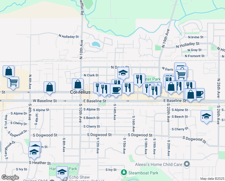 map of restaurants, bars, coffee shops, grocery stores, and more near 32 North 13th Avenue in Cornelius