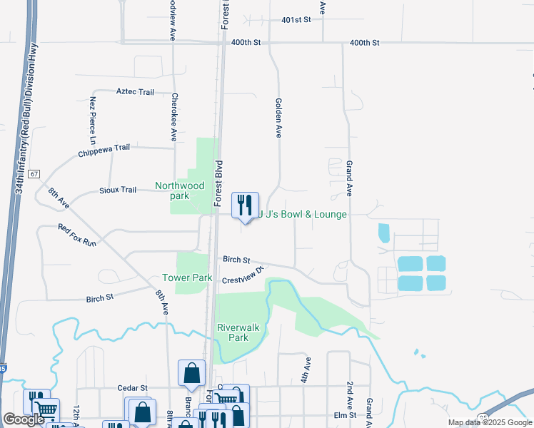 map of restaurants, bars, coffee shops, grocery stores, and more near 6499 Ash Street in North Branch