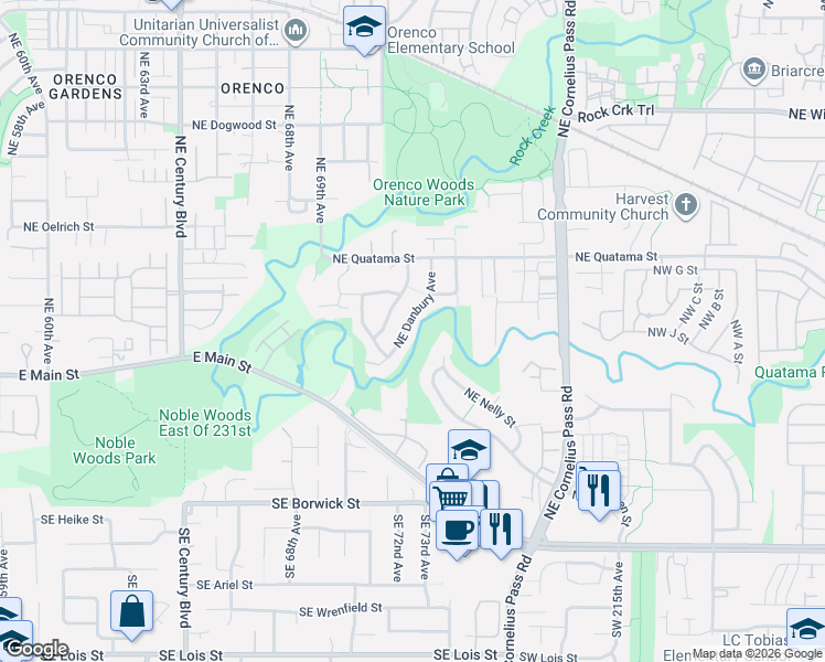 map of restaurants, bars, coffee shops, grocery stores, and more near 154 Northeast Danbury Avenue in Hillsboro