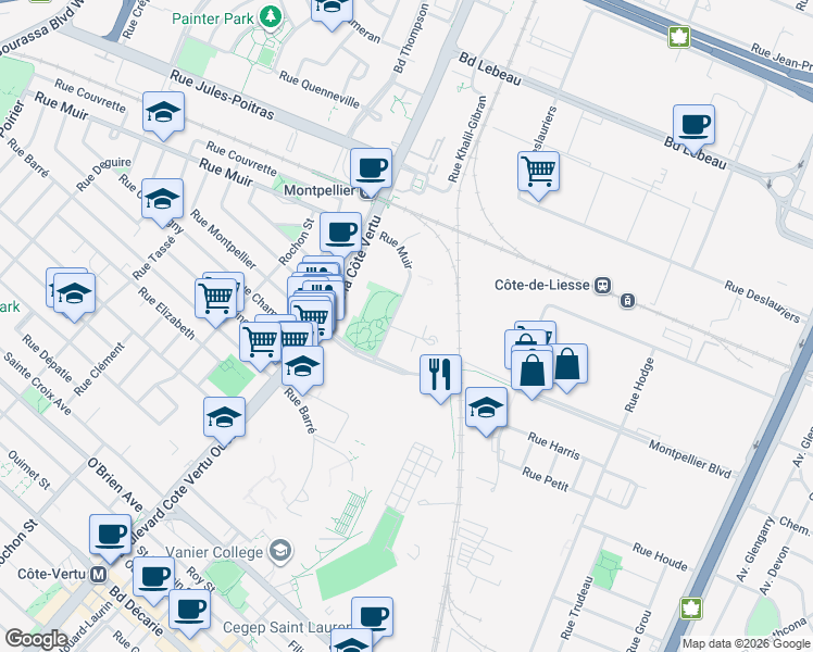 map of restaurants, bars, coffee shops, grocery stores, and more near 745 Place Fortier in Montréal