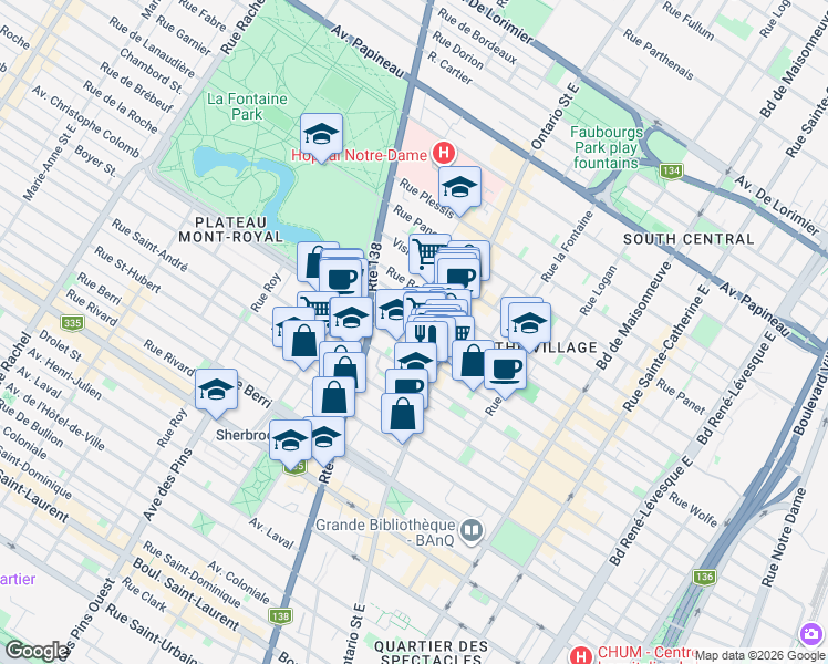 map of restaurants, bars, coffee shops, grocery stores, and more near 1135 Rue du Square-Amherst in Montréal