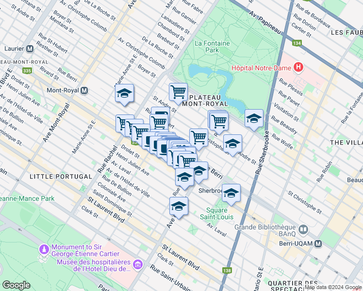 map of restaurants, bars, coffee shops, grocery stores, and more near 3915 Rue Berri in Montréal