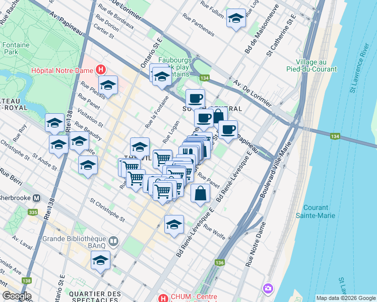 map of restaurants, bars, coffee shops, grocery stores, and more near 1471 Rue Plessis in Montréal