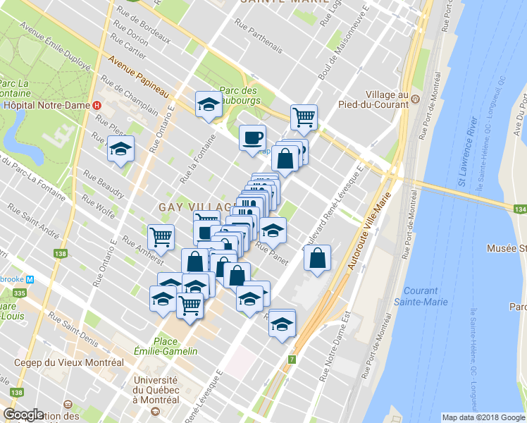 map of restaurants, bars, coffee shops, grocery stores, and more near 1483 Rue Sainte-Catherine Est in Montréal