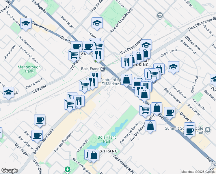 map of restaurants, bars, coffee shops, grocery stores, and more near 5200 Henri Bourassa Boulevard West in Montreal
