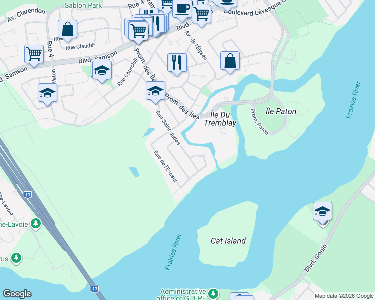 map of restaurants, bars, coffee shops, grocery stores, and more near 25 Rue Saint-Judes in Laval