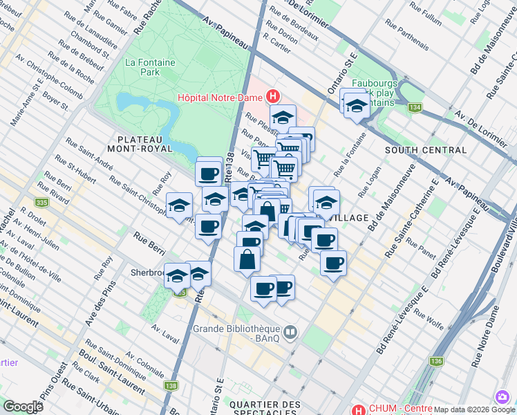 map of restaurants, bars, coffee shops, grocery stores, and more near Rue Wolfe in Montreal