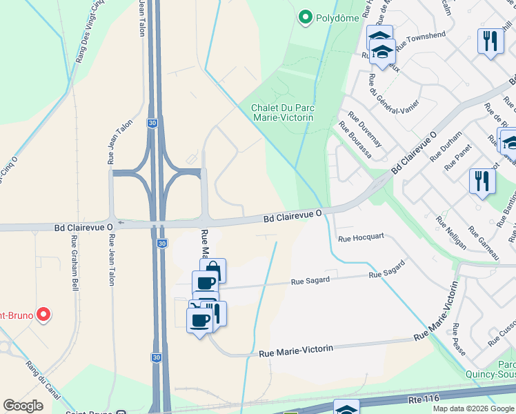 map of restaurants, bars, coffee shops, grocery stores, and more near 665 Boulevard Clairevue Ouest in Saint-Bruno-de-Montarville