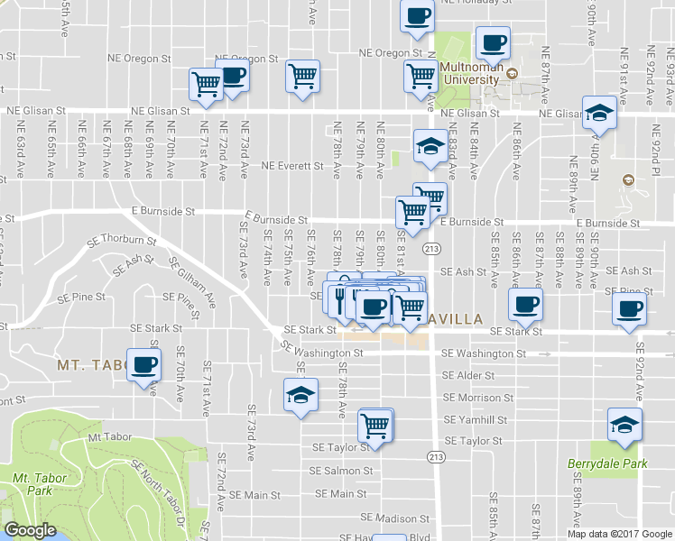 map of restaurants, bars, coffee shops, grocery stores, and more near SE Ash St & SE 78th Ave in Portland