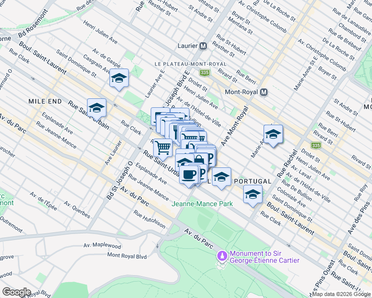 map of restaurants, bars, coffee shops, grocery stores, and more near 4629 Boulevard Saint-Laurent in Montréal