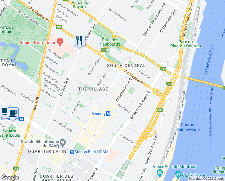 map of restaurants, bars, coffee shops, grocery stores, and more near 1471 Rue Plessis in Montréal