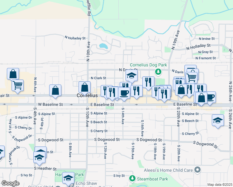 map of restaurants, bars, coffee shops, grocery stores, and more near 120 North 13th Avenue in Cornelius