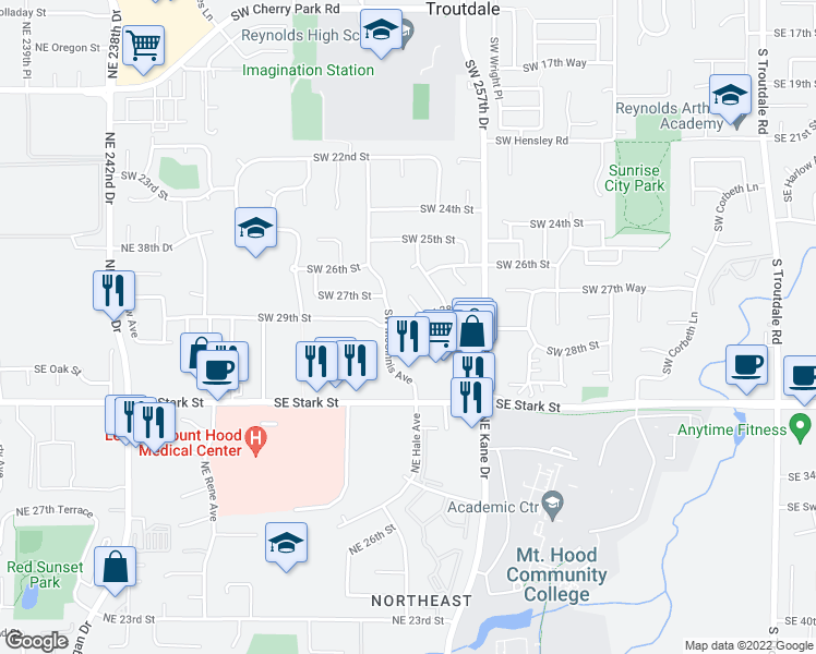 map of restaurants, bars, coffee shops, grocery stores, and more near 1330 Southwest 28th Street in Troutdale