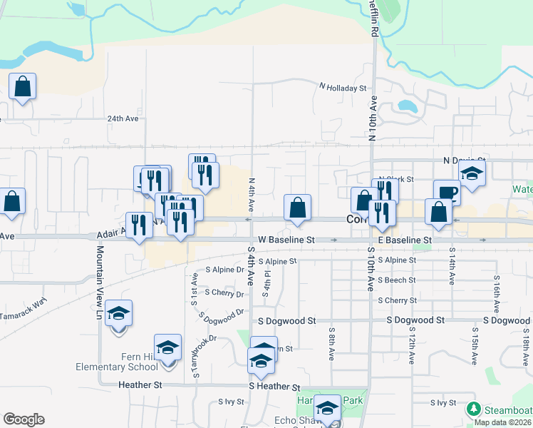 map of restaurants, bars, coffee shops, grocery stores, and more near 466 West Baseline Street in Cornelius