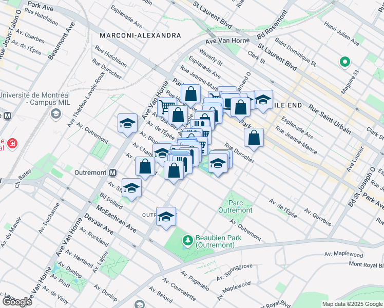 map of restaurants, bars, coffee shops, grocery stores, and more near 1209 Rue Bernard Ouest in Montréal