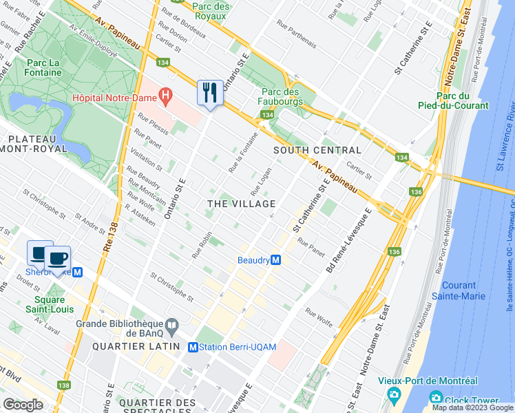 map of restaurants, bars, coffee shops, grocery stores, and more near 1300 Boulevard de Maisonneuve Est in Montréal