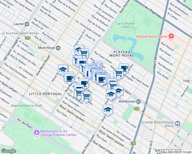 map of restaurants, bars, coffee shops, grocery stores, and more near 430 Avenue Duluth Est in Montréal