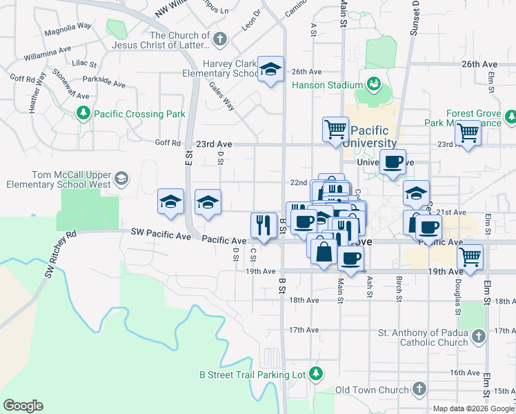 map of restaurants, bars, coffee shops, grocery stores, and more near 1711 21st Avenue in Forest Grove