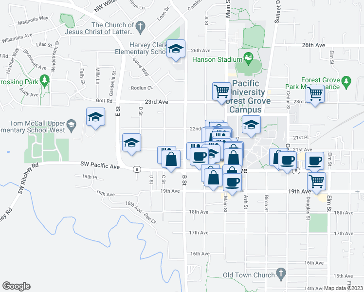 map of restaurants, bars, coffee shops, grocery stores, and more near 2104 B Street in Forest Grove
