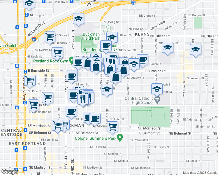 map of restaurants, bars, coffee shops, grocery stores, and more near 216 Southeast 17th Avenue in Portland