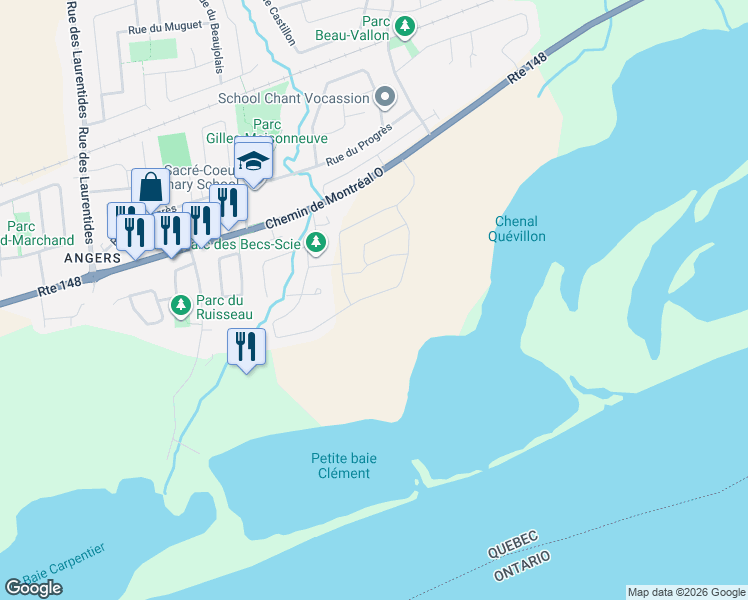 map of restaurants, bars, coffee shops, grocery stores, and more near 373 Rue des Becs-Scie in Gatineau