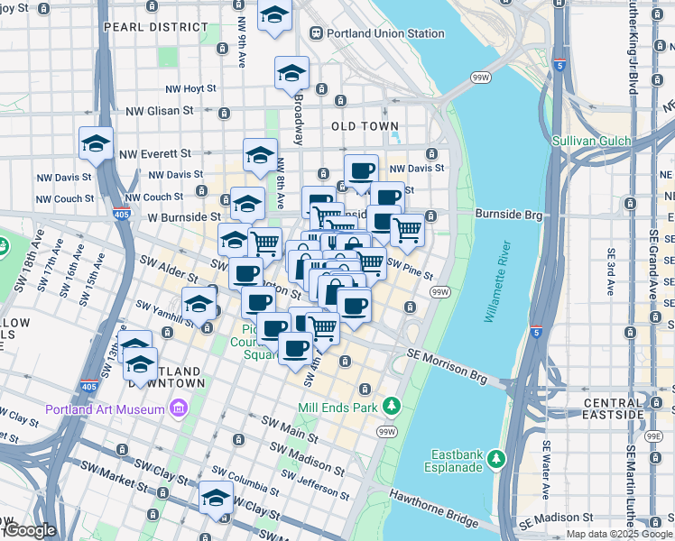map of restaurants, bars, coffee shops, grocery stores, and more near 309 Southwest 4th Avenue in Portland
