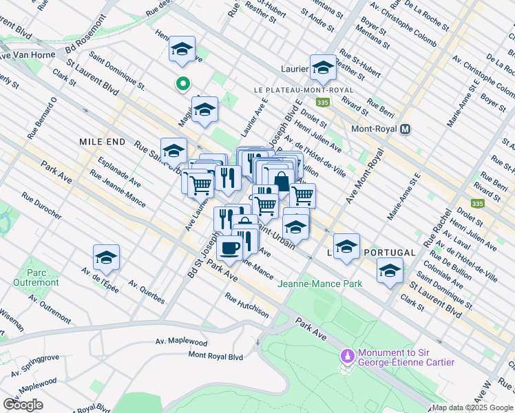 map of restaurants, bars, coffee shops, grocery stores, and more near 4862 Rue Clark in Montréal