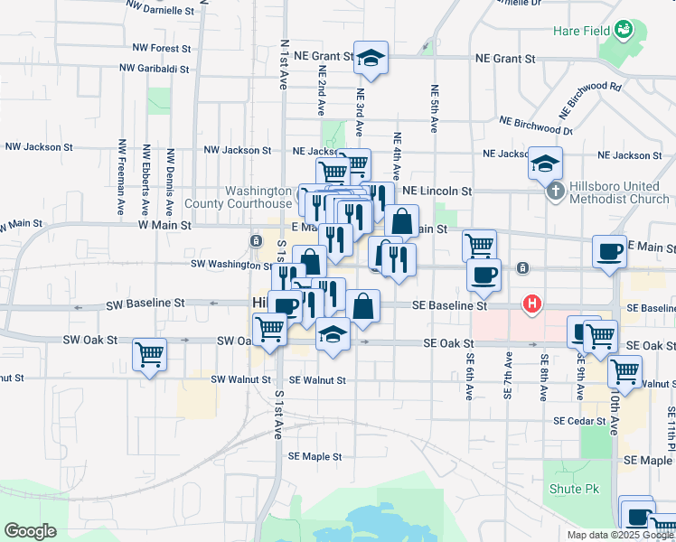 map of restaurants, bars, coffee shops, grocery stores, and more near 275 Southeast Baseline Street in Hillsboro