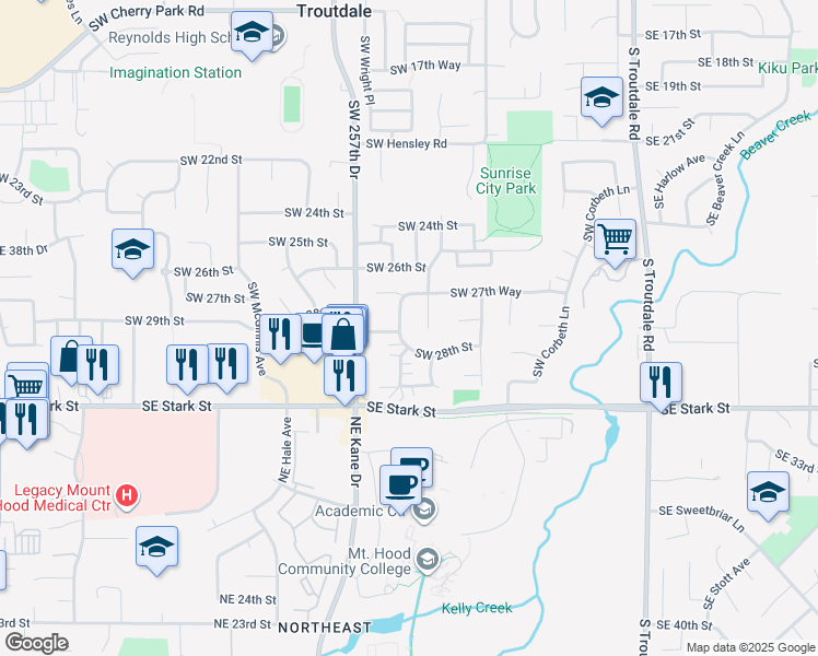 map of restaurants, bars, coffee shops, grocery stores, and more near 2839 Southwest Hewitt Avenue in Troutdale