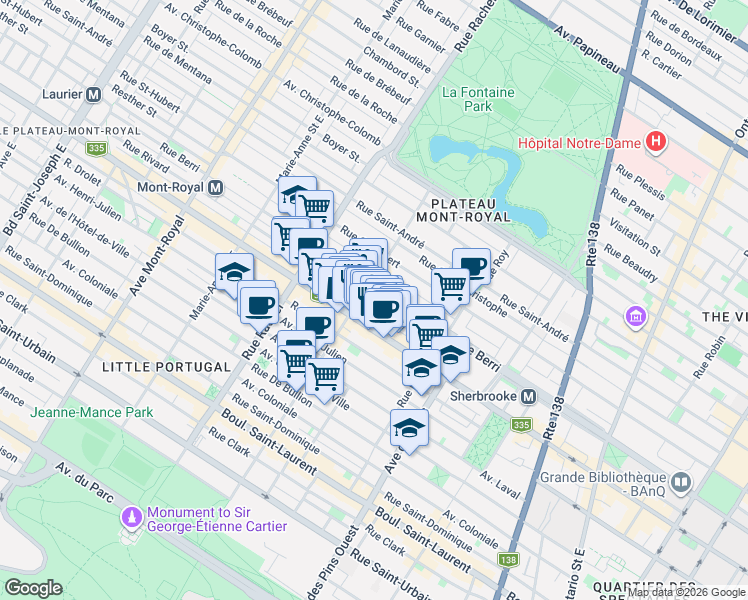 map of restaurants, bars, coffee shops, grocery stores, and more near 3993 Rue Rivard in Montréal