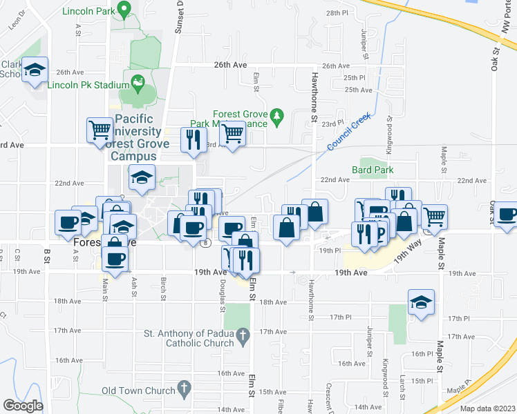 map of restaurants, bars, coffee shops, grocery stores, and more near 2505 21st Avenue in Forest Grove