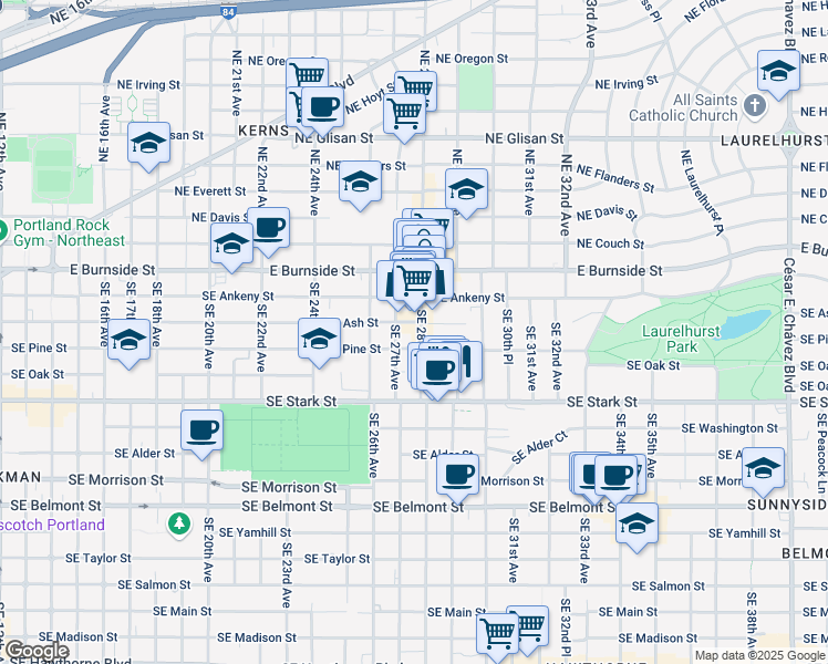 map of restaurants, bars, coffee shops, grocery stores, and more near 310 Southeast 28th Avenue in Portland