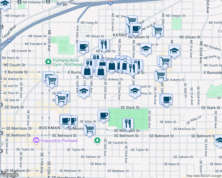 map of restaurants, bars, coffee shops, grocery stores, and more near 2102 Southeast Pine Street in Portland