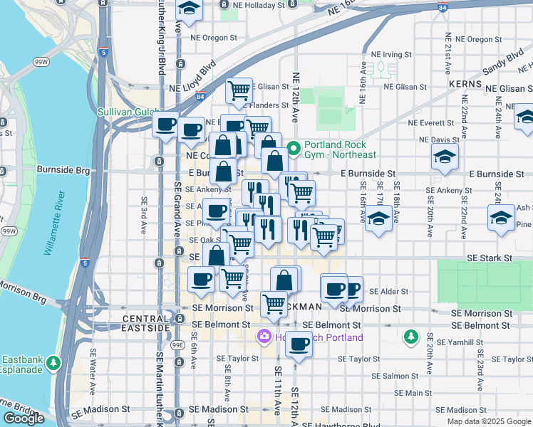 map of restaurants, bars, coffee shops, grocery stores, and more near 301 Southeast 11th Avenue in Portland