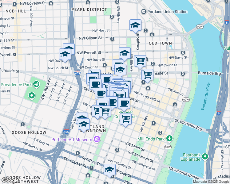 map of restaurants, bars, coffee shops, grocery stores, and more near 812 Southwest Washington Street in Portland